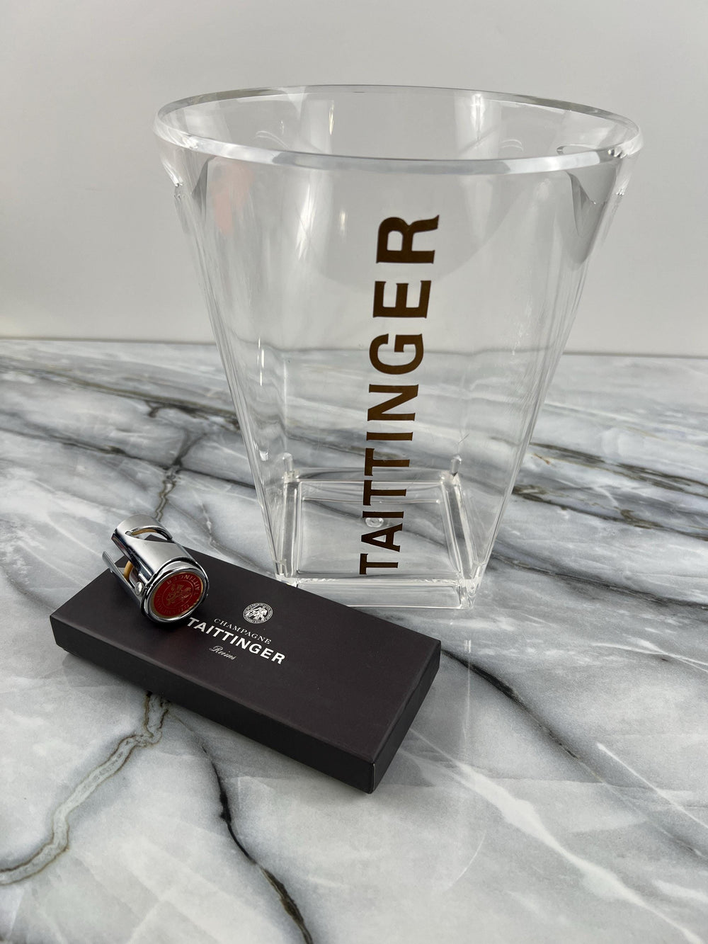 French Vintage Taittinger Champagne Set ( Ice Bucket, Stopper, Pen, Keychain )