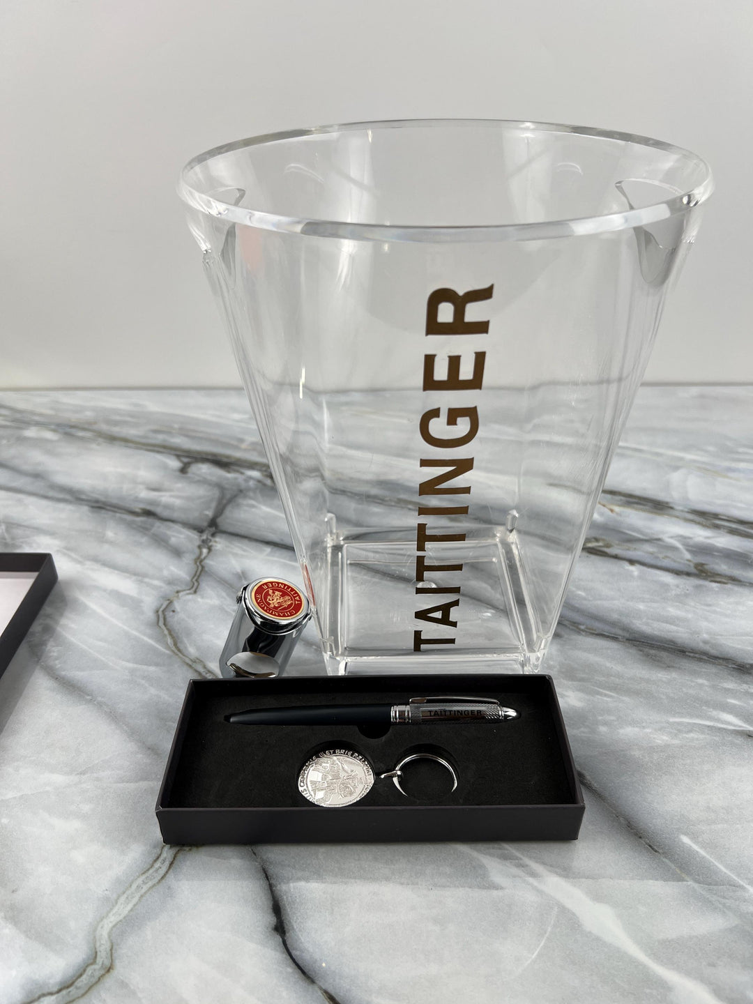 French Vintage Taittinger Champagne Set ( Ice Bucket, Stopper, Pen, Keychain )