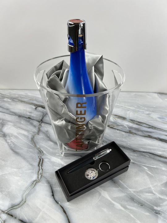 French Vintage Taittinger Champagne Set ( Ice Bucket, Stopper, Pen, Keychain )